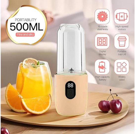 Draagbare blender - smoothie blender to go voor shakes en vers fruit - 16 messen, USB oplaadbaar - beige - 8,5 x 8,5 x 28,5 cm - ABS voor thuis, werk en onderweg van Merkloos — afbeelding 2