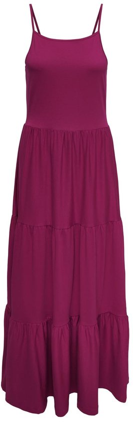Robe longue fuchsia sans manches avec fines bretelles et jupe à volants.