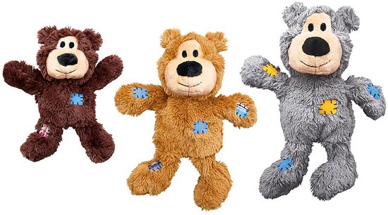 Drie Kong Wild Knots beren: donkerbruin met blauwe patches, bruin met blauwe patches, grijs met gele patches.