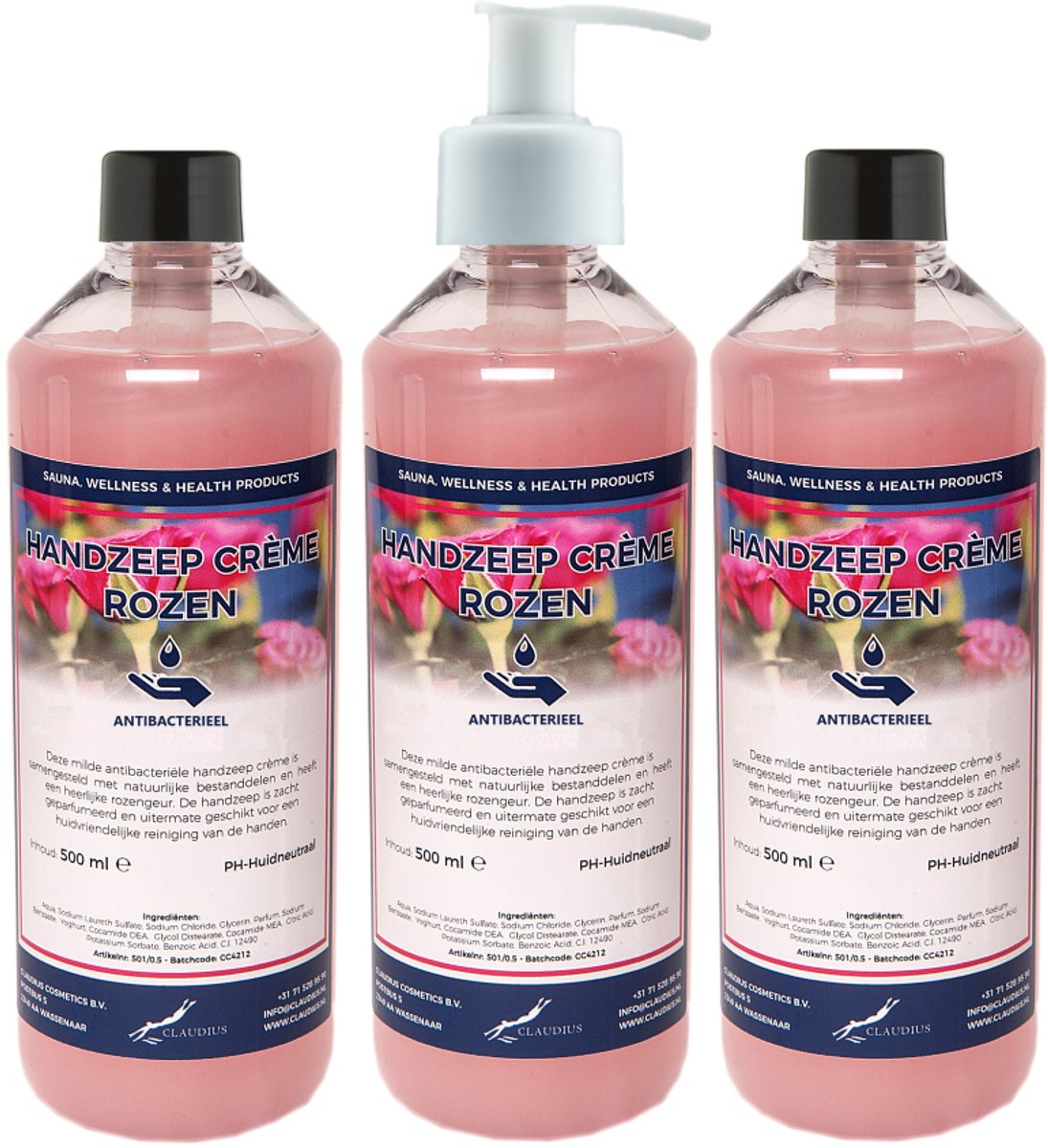 Handzeep Crème Rozen 500 ml - set van 3 stuks - met gratis pomp - Voordeelverpakking