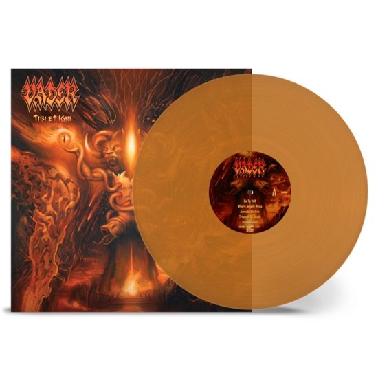 Oranje gekleurde vinylplaat met artwork van de "Tibi Et Igni" albumhoes. De hoes toont een demonische scène met vuur en draken.