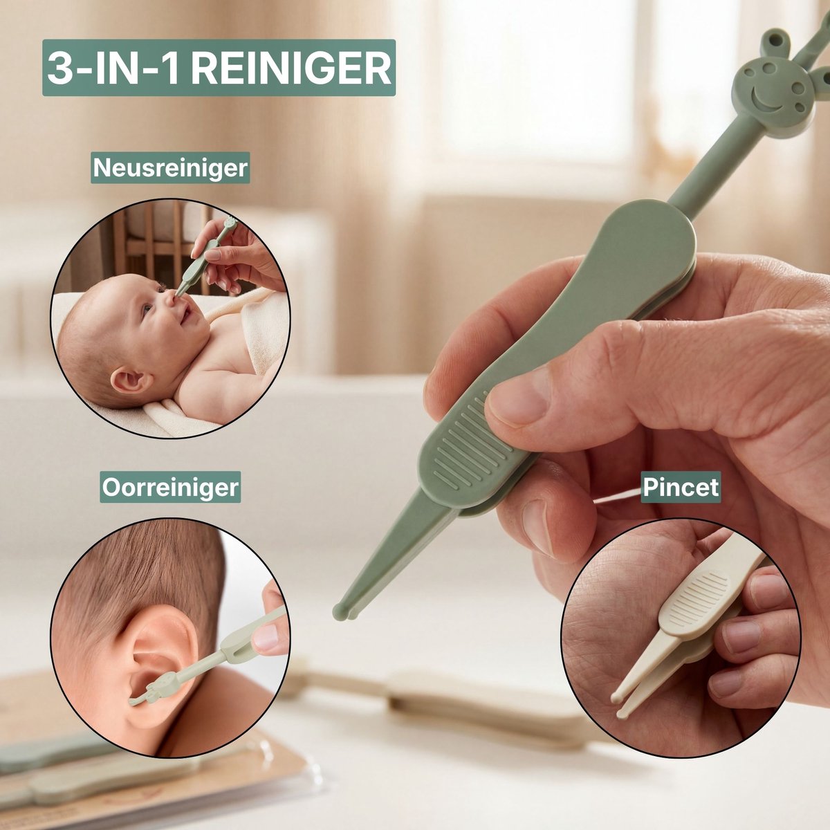 Broemba Baby Neusreiniger en Oorreiniger - Alternatief voor Neuspeer of Neuszuiger - Groen en Beige — cadeau in Cadeau-ideeën - foto 2