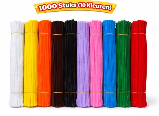 Dix bouquets groupés de fils chenille dans les couleurs blanc, jaune, orange, marron, noir, violet, rose, bleu, vert et rouge.