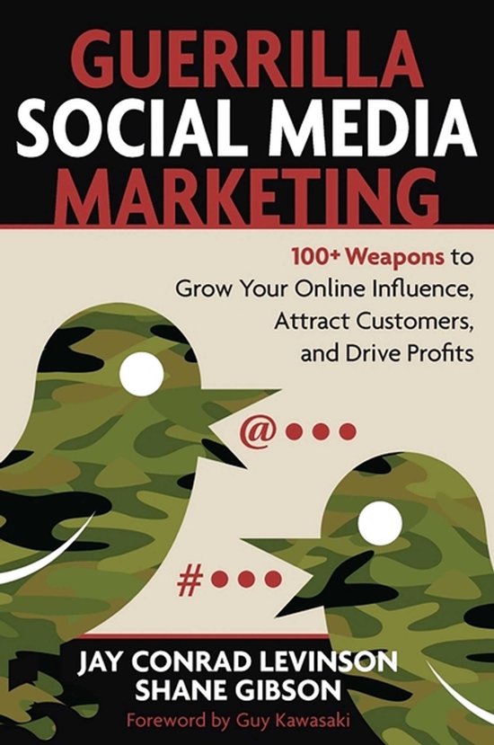 Boekomslag "GUERRILLA SOCIAL MEDIA MARKETING" met twee camouflagevogels die spreken, '@' en '#'.