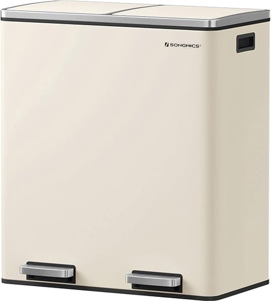 SONGMICS Prullenbak – Prullenbak 60 Liter – 2 vakken (2x30 Liter) – Vuilnisbak 60 Liter - Pedaalemmer 60 Liter – Beige Prullenbak Afvalscheiding – Afvalemmer – Afvalbak Keuken – Beige/ Crème (+ Gratis 15 Afvalzakken)