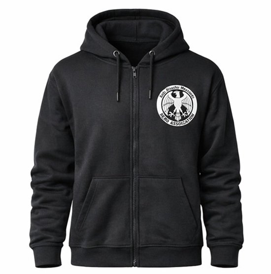 Zwarte hoodie met rits, met op de borst een wit embleem van de Hero Association.