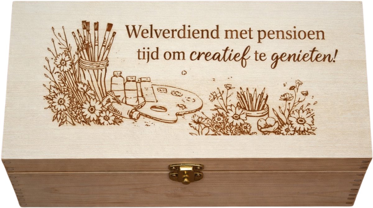 WoodR Welverdiend houten gevulde tekendoos als pensioencadeau. mooi gegraveerd collega