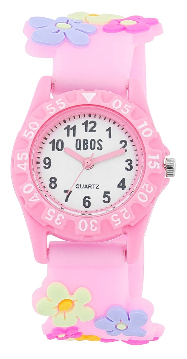 QBOS QBOS kinderhorloge 4500053 Siliconen band, kleurrijk, bloemenmotief, D 28 mm