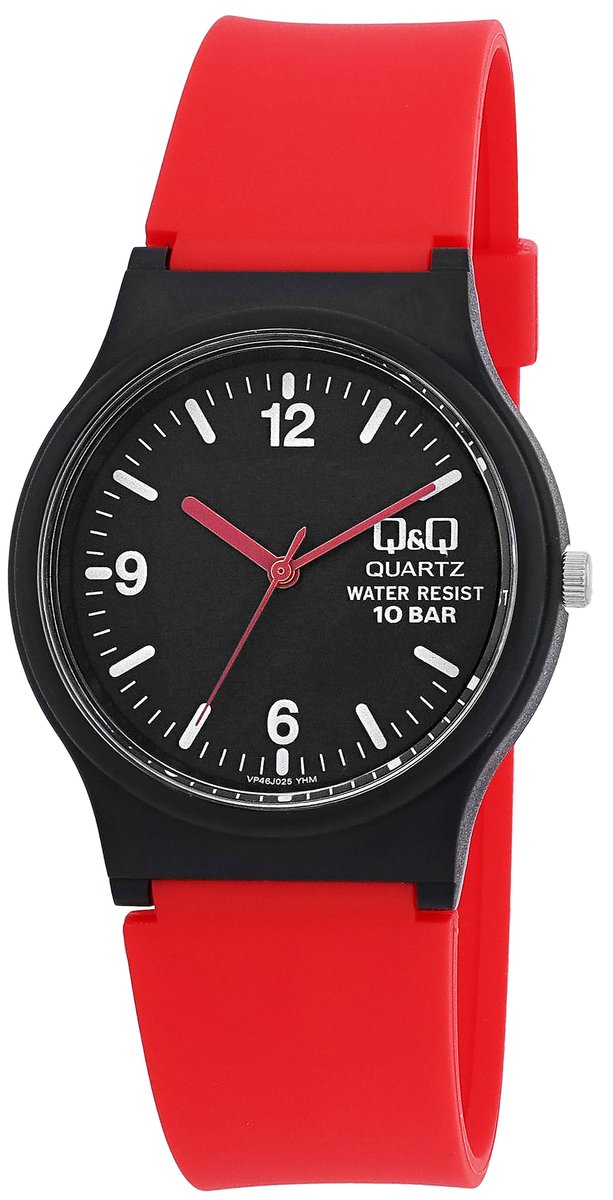 QQ VP46J025Y - Horloge - Sport - Analoog - Unisex - Kinderen - Plastic band - Rond - Kunststof - Cijfers - Rood - Zwart - 10 ATM