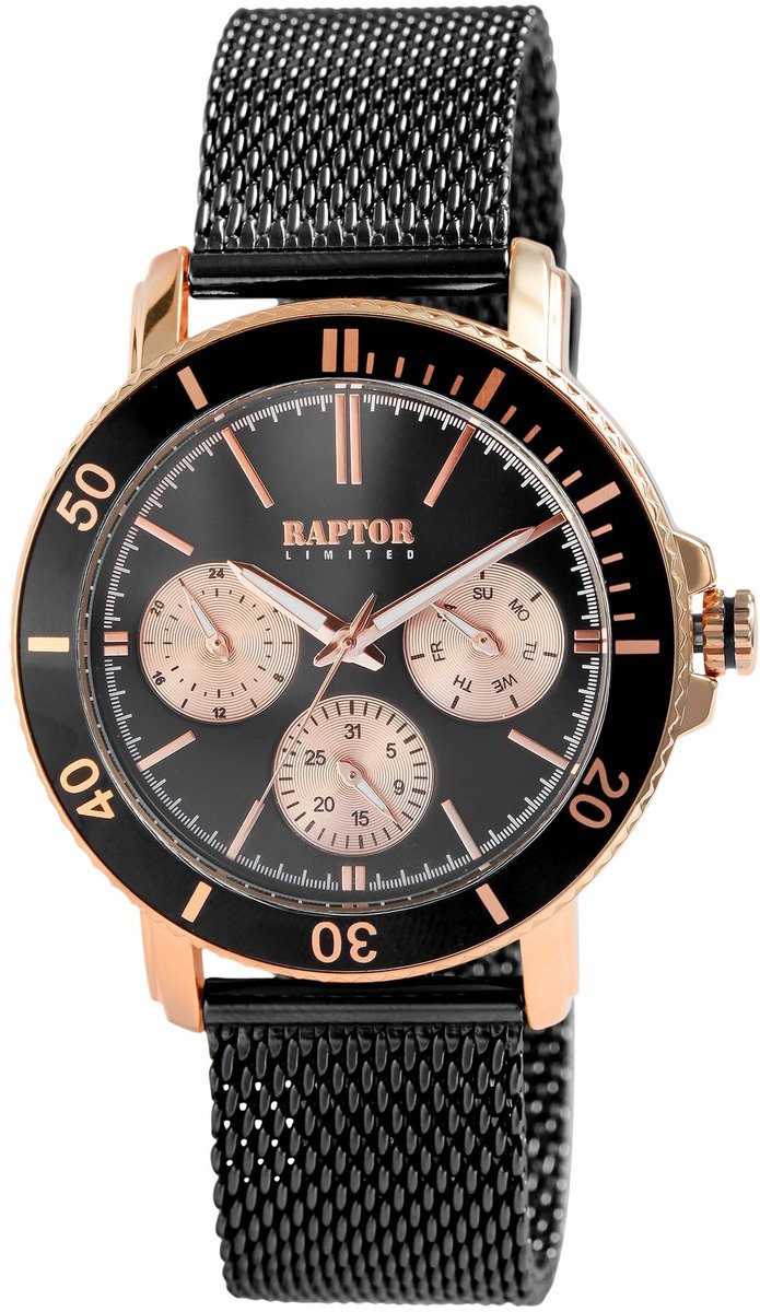 Raptor-Model ra20342-003-Herenhorloge-zwart-rosekleurig-dag en datum aanduiding-3 atm waterdicht-milanese band-diameter 42 mm