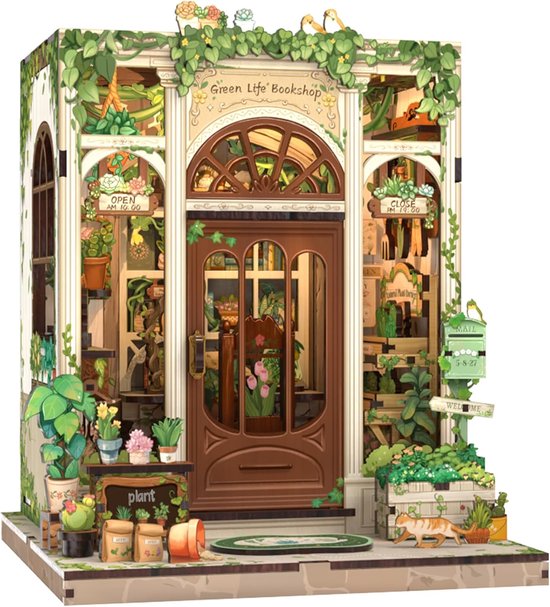 CuteBee CWGC203 Green Life Bookshop Book Nook Bouwpakket | Miniatuur theatrale huisjes pakket modelbouw voor volwassenen | Houten 3D Puzzel | Woonkamer decoratie boekensteun | Led lights verlichting ingebouwd | DIY boekenhouder collectie
