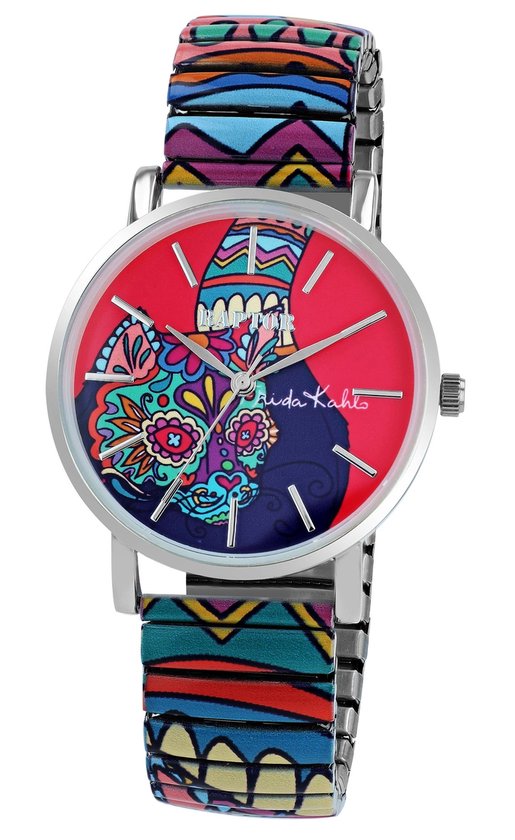 Zilverkleurig horloge met rode wijzerplaat met een Frida Kahlo-illustratie in blauw, groen en roze. Elastische roestvrijstalen band met kleurrijke print.