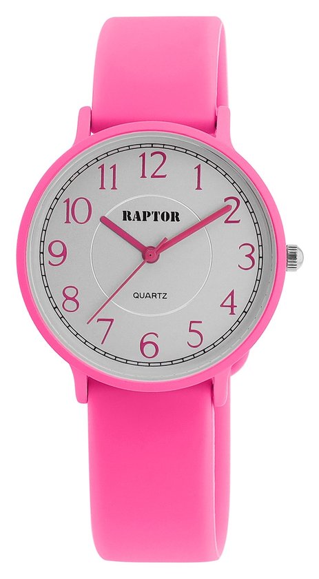 Felroze Raptor dameshorloge met zilverkleurige wijzerplaat, roze wijzers en band.