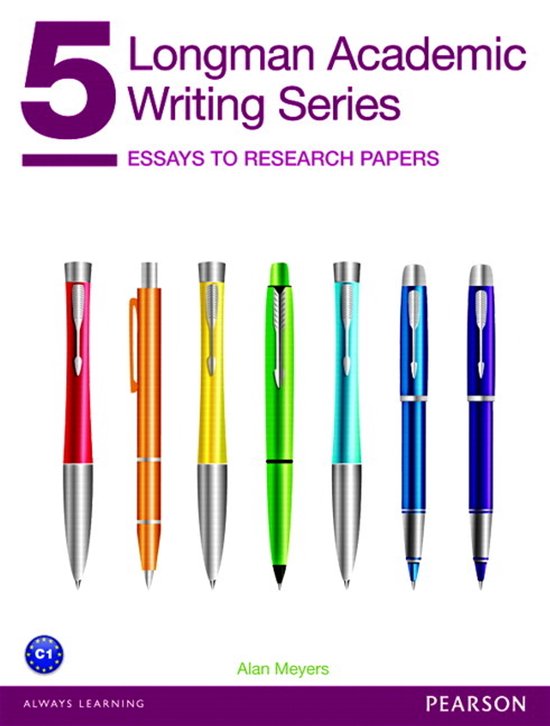 Omslag van Longman Academic Writing Series 5, met zeven pennen in verschillende kleuren: rood, oranje, geel, groen, cyaan, blauw en donkerblauw.