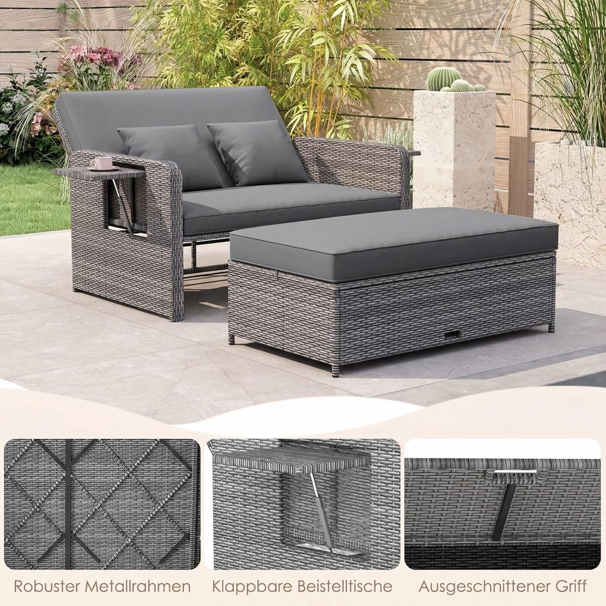 Rotan Loungeset 3-in-1 Ligstoel – 166 x 166 x 55 cm – Verstelbare Rugleuning, Met Opbergruimte, Inclusief Kussens, Tuinbank / Daybed / Chaise Longue – Grijs Gemêleerd – Laura