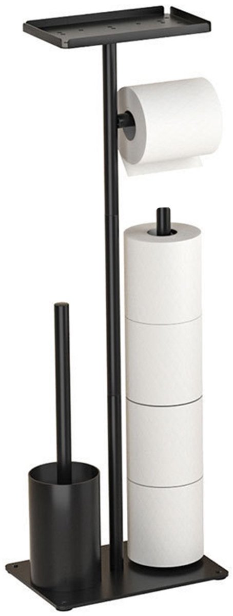 Staande Toiletpapierhouder met Plankje - WC Rolhouder met WC Borstel - Toiletrolhouder Staand - Vrijstaand Zonder Boren - Reserverolhouder - voor 3 Reserves - Toilethouder Standaard - Badkamer Organizer - Zwart