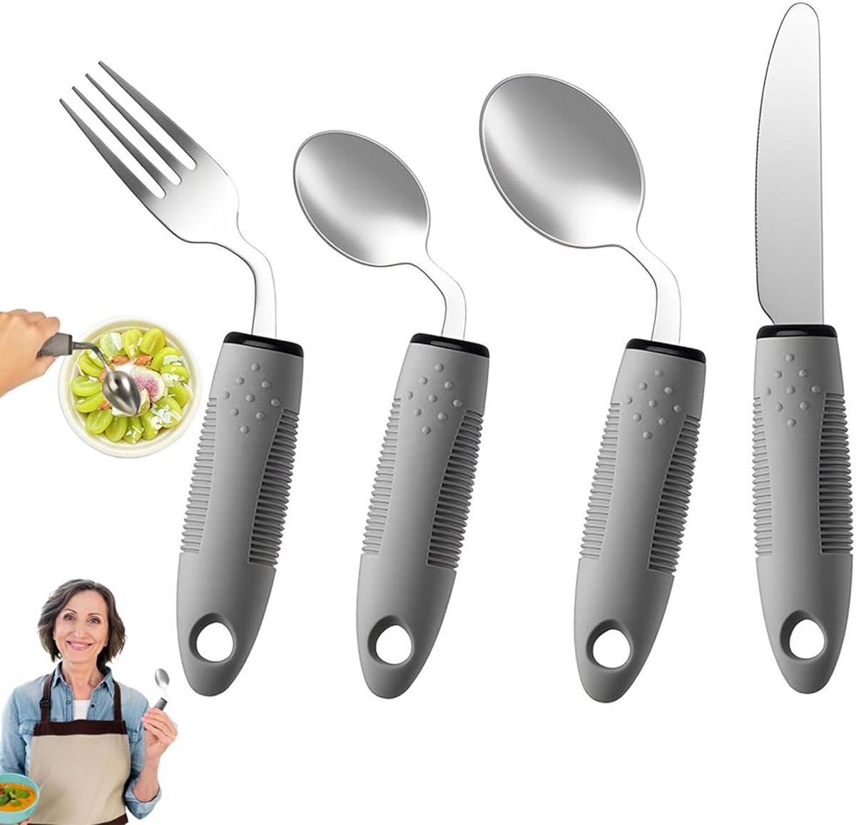 Aangepast bestek - 4-delig - Verdikt bestek - Flexibel gebogen - Anti-tril Grip bestek - Voor Parkinson, Ouderen & Krachtverlies - Ergonomisch Hulpmiddel - Grijs