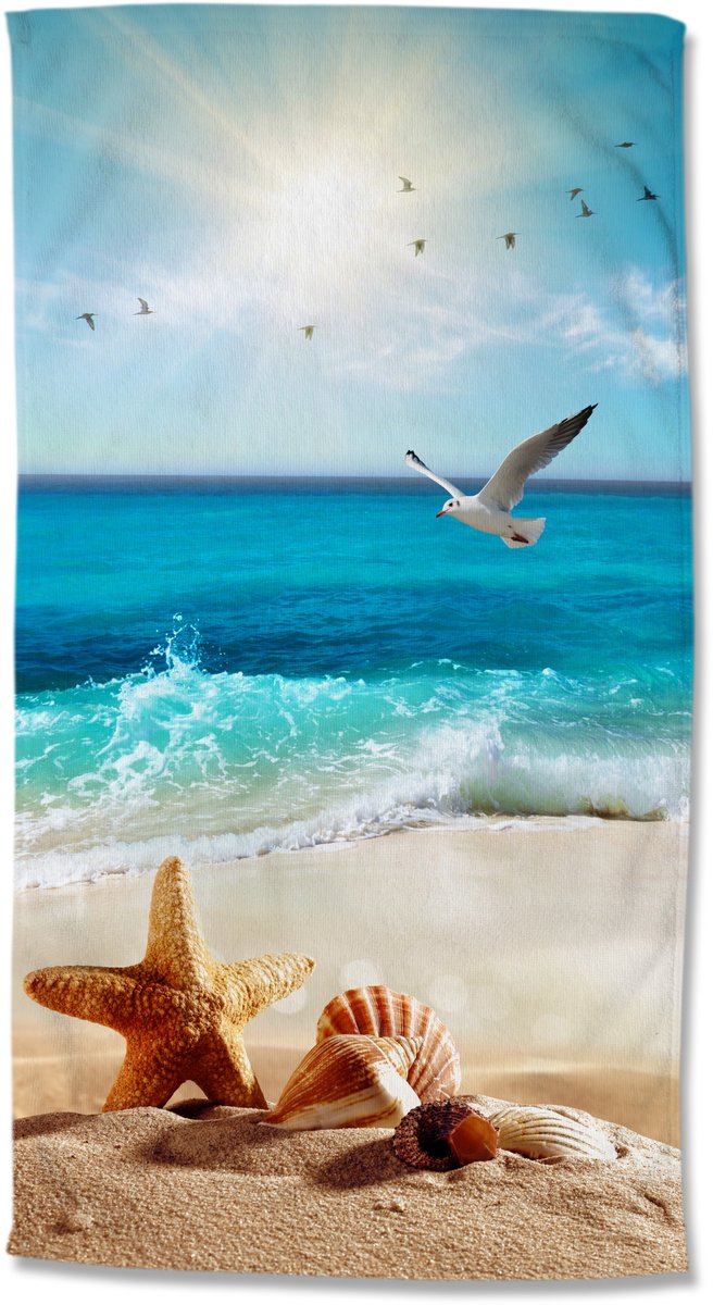 Strandlaken voor Kinderen 100x180 cm - Zeeleven Print met Zeemeeuwen en Schelpen - Multi - Oeko-Tex Gecertificeerd - Good Morning