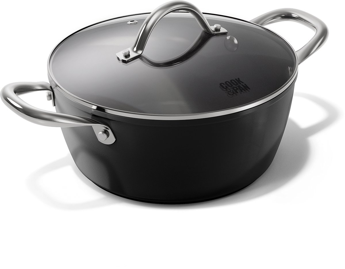 Cook & Pan - Kookpan met deksel 24 cm - PFAS vrij - Inductie Keramisch - Non stick - 7 jaar garantie - Zwart