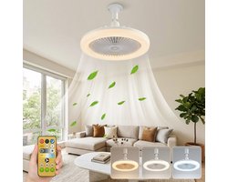 MUPOO Plafond ventilator met LED verlichting E27 Fitting met 360° Draaibaar-APP & Afstandsbediening - Plug & Play -3 Snelheden & Dimbaar - Mini Ventilatorlamp Ø 25cm- lamp ventilator plafond Voor Slaapkamer & Garage - wit