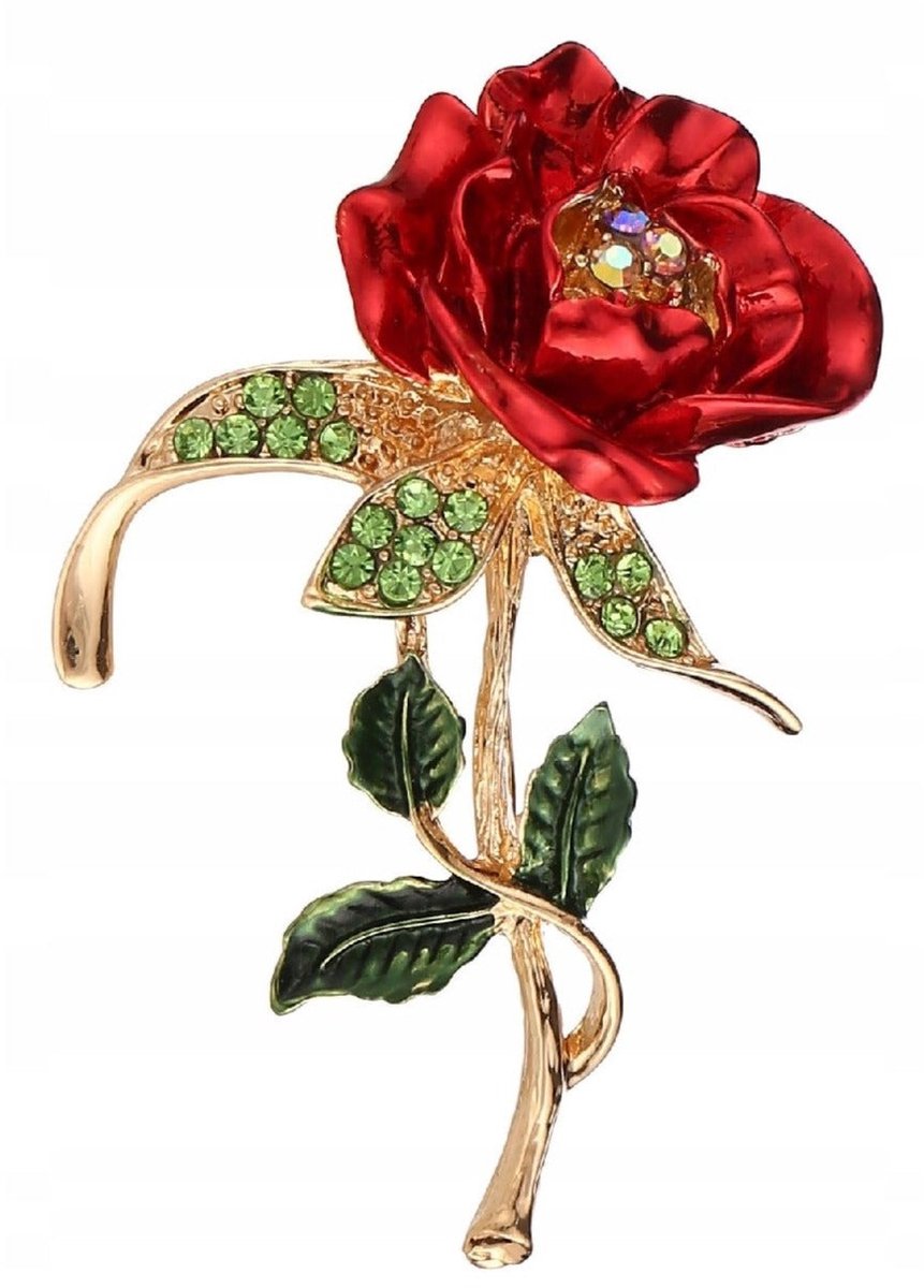 Pinets - Broche - RODE ROOS - Gekleurd Zirkonia - Gietmetaal