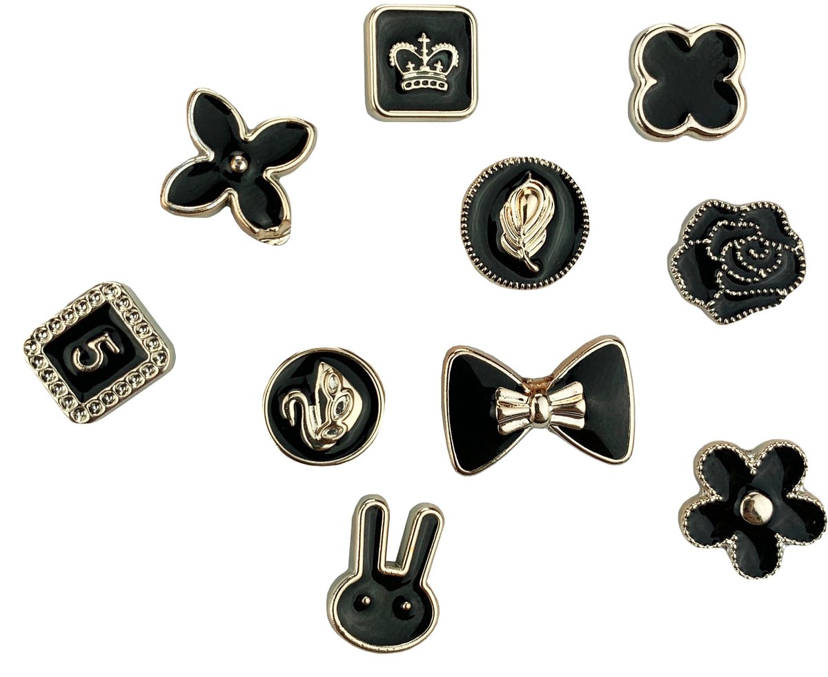 PINETS Classic - Set van 10 Pins - Bloemenmotieven - Zwart & Goud - Emaille Pins