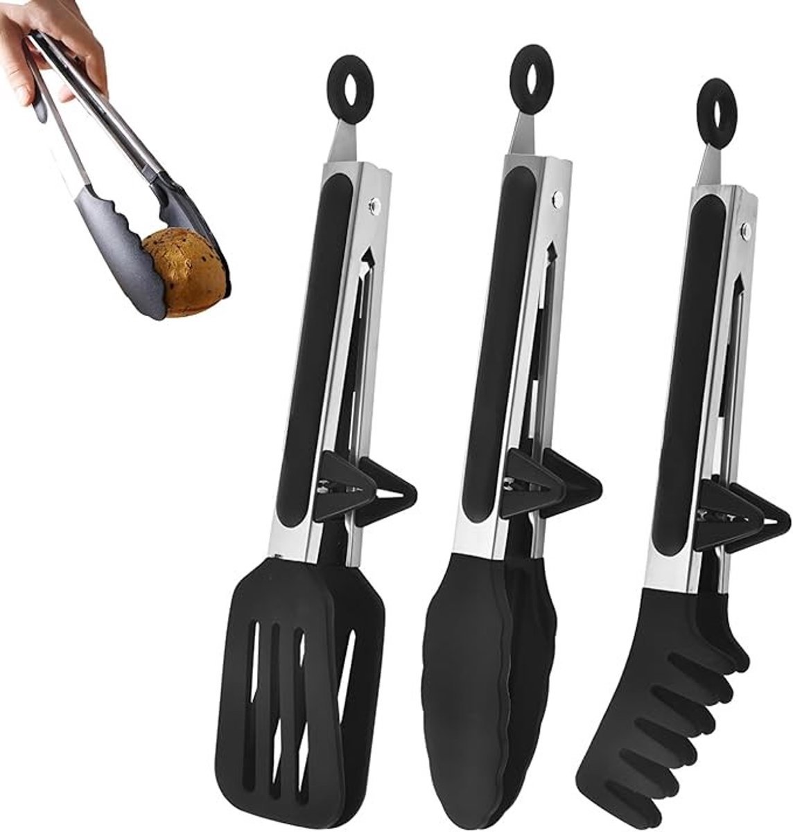 Set van 3 keukentangen met siliconen uiteinden voor veilig koken en grillen