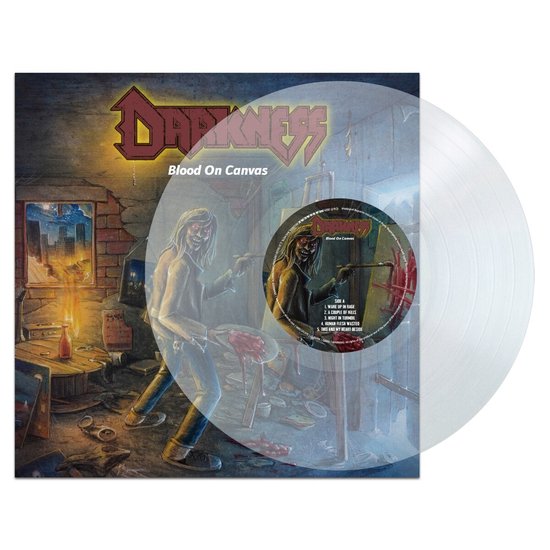 Albumcover "Blood On Canvas" met een kunstenaar die bloed schildert, met doorzichtige vinylplaat.