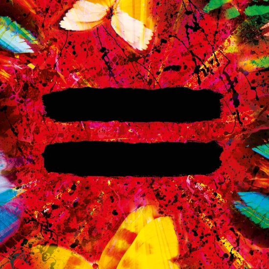 Albumhoes van rood met zwarte verfspatten en vlinders in verschillende kleuren. Twee zwarte strepen in het midden.