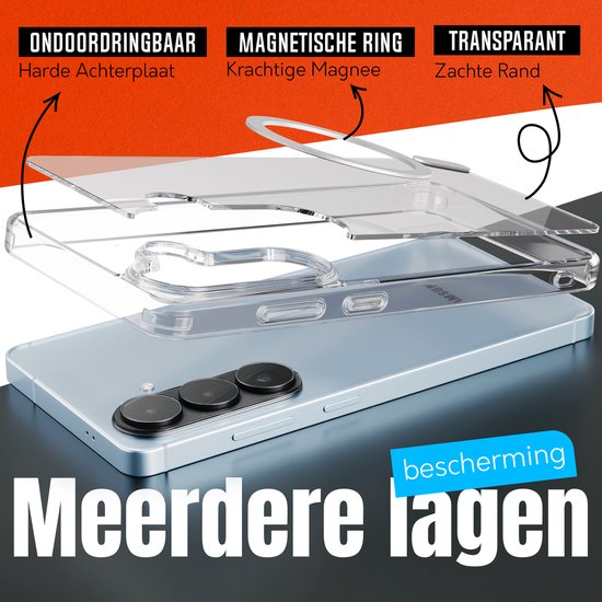 Exploded view van een transparant hoesje met harde achterplaat en zachte rand.