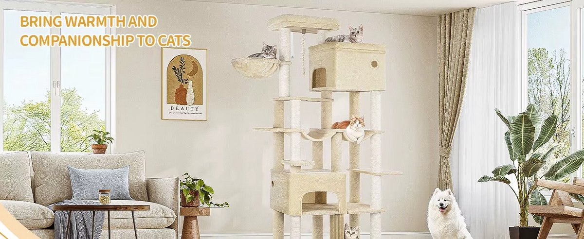Multi Level Cat Tower - 200 cm - Krabpaal Katten Groot – Met 10 Krabpalen en 2 Hangmatten – Kattentoren met 2 Holletjes, Mand en Platform – Inclusief Kattenborstel – Geschikt voor Grote Katten en Kittens – foto 5