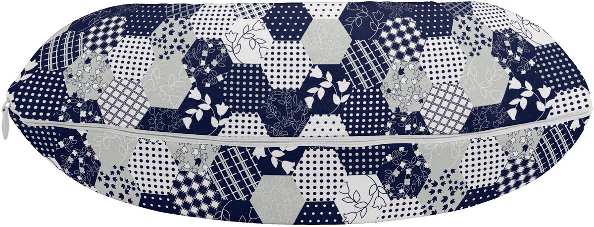 ABAKUHAUS Marineblauw reiskussen met neksteun, patchworkstijl met stippen en sterren, schuimrubberen reisaccessoire voor vliegtuig en auto, marineblauw en wit