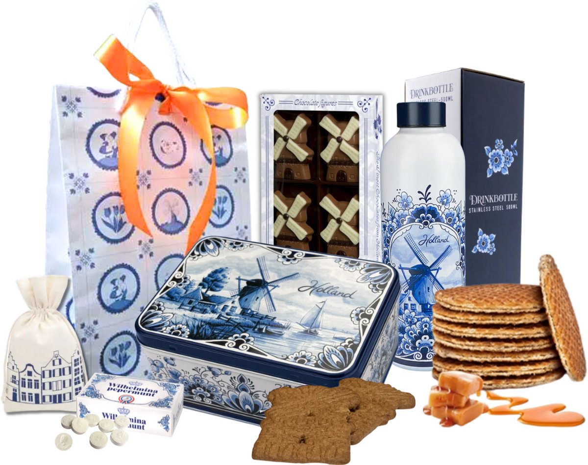 Holland pakket - Waterfles - Molen - Koekblik - speculaas - stroopwafels- Hollandse cadeautjes - Delfts blauw