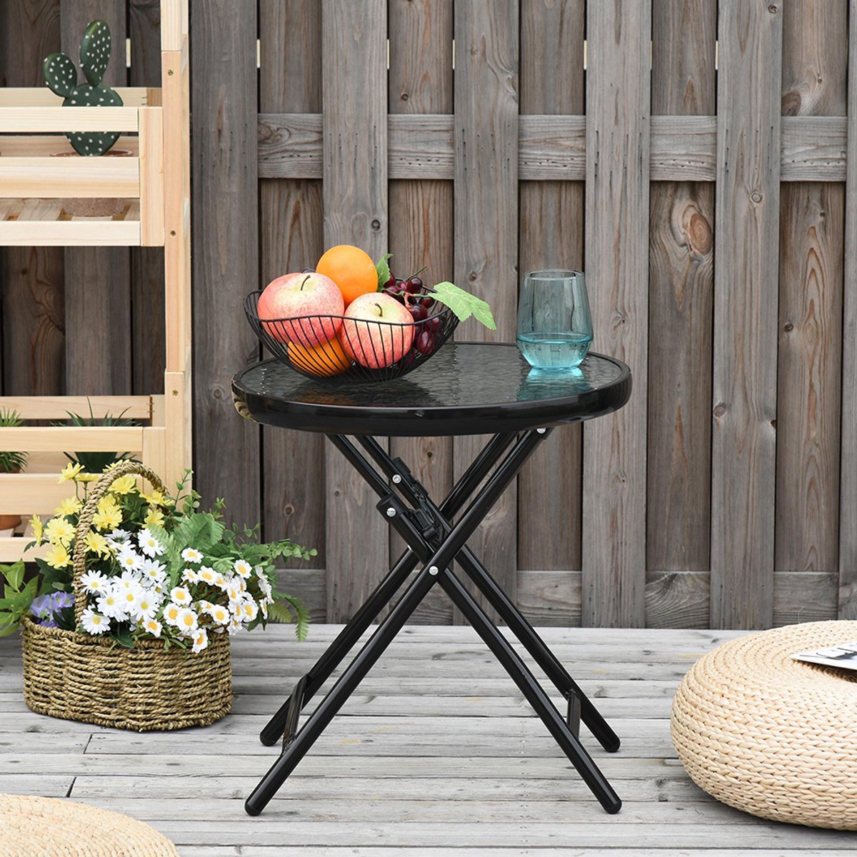 Pugsdrly Tuintafel Bijzettafel Bistrotafel met glazen blad rond opvouwbaar Metaal Ø45 zwart