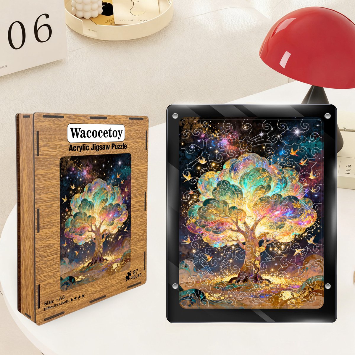 Kraftverdia Puzzel Volwassenen Acryl Puzzel – Geluksboom met sterrenhemel - Decoratieve 3D Puzzel met Transparant Effect – DIY Puzzel Decoratie – Cadeau Idee
