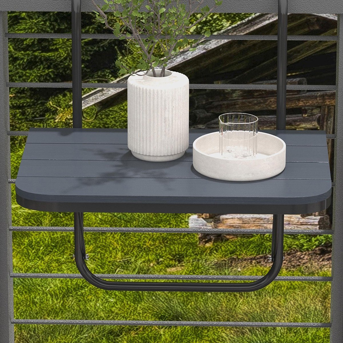 Pugsdrly Balkonhangtafel, opvouwbaar, in hoogte verstelbaar, aluminium frame, kunststof tafelblad, houtlook, zwart