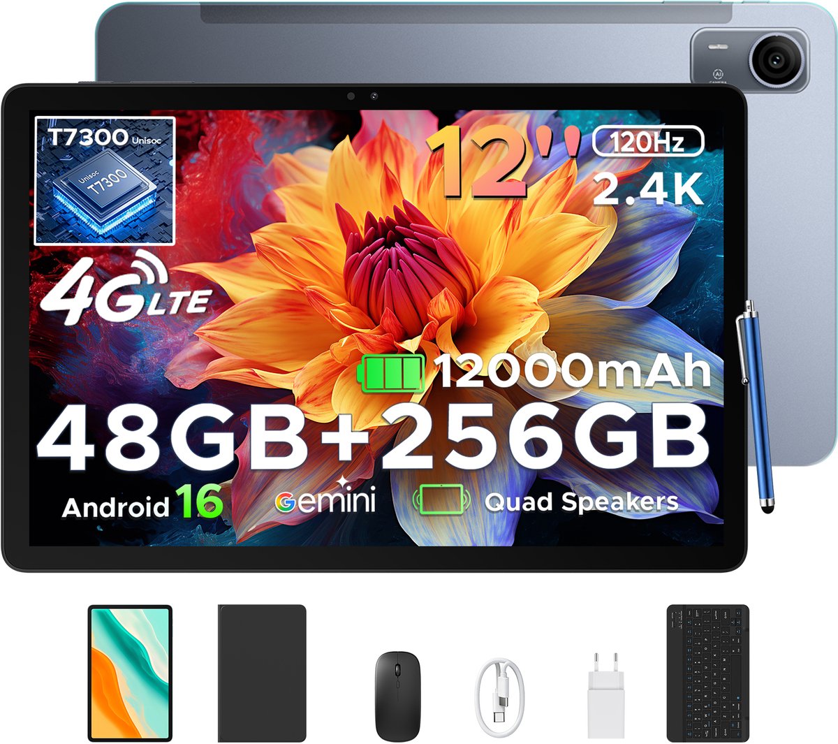 POCKAM P12 Pro - Tablet - 48GB RAM (12+36GB) + 256 GB ROM (2 TB/TF) - 12 Inch 2K 120Hz IPS - Android 16 - 12000mAh/18W - 4G LTE - Wi-Fi 5 - Bluetooth 5.0 - T7300 - Quad Speakers - Volledige accessoirebundel met toetsenbord en stylus