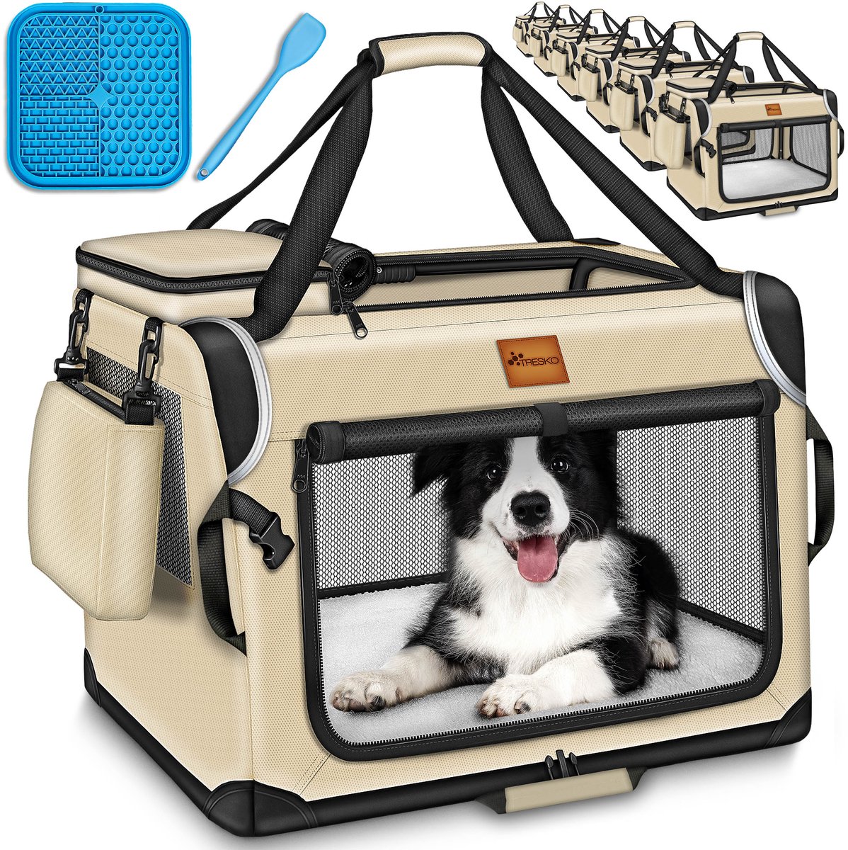 TRESKO® Opvouwbare hondenbox inclusief likmat en spatel, L, 70 x 52 x 52 cm, transportbox voor honden en katten, hondentransportbox voor kleine en grote honden, hondentas, robuust, beige