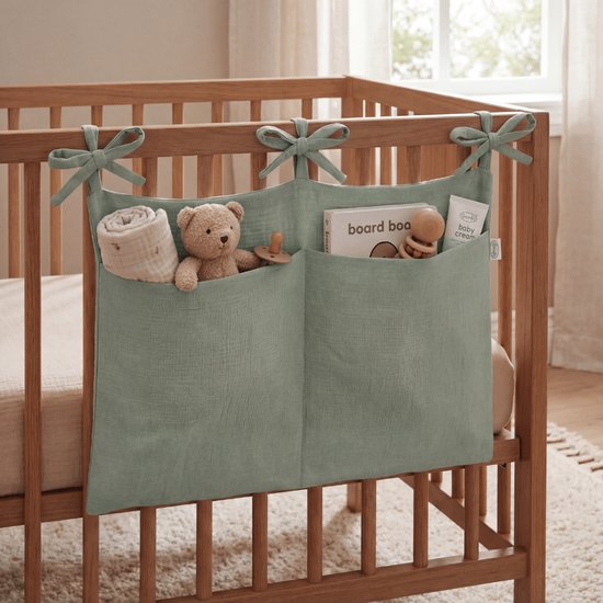 Funnies Boxzak Stone Green - 27x48 cm - Box Organizer - 100% Hydrofiele Katoen - Box Opbergzak voor Babybox - Ruime Boxzak met Vakken - Speelgoed Opberger voor Babykamer — afbeelding 2
