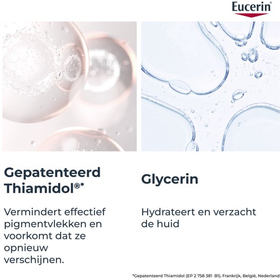 Close-up van huidelementen en waterdruppels. Tekst: "Gepatenteerd Thiamidol®: Vermindert effectief pigmentvlekken en voorkomt dat ze opnieuw verschijnen. Glycerine: Hydrateert en verzacht de huid."