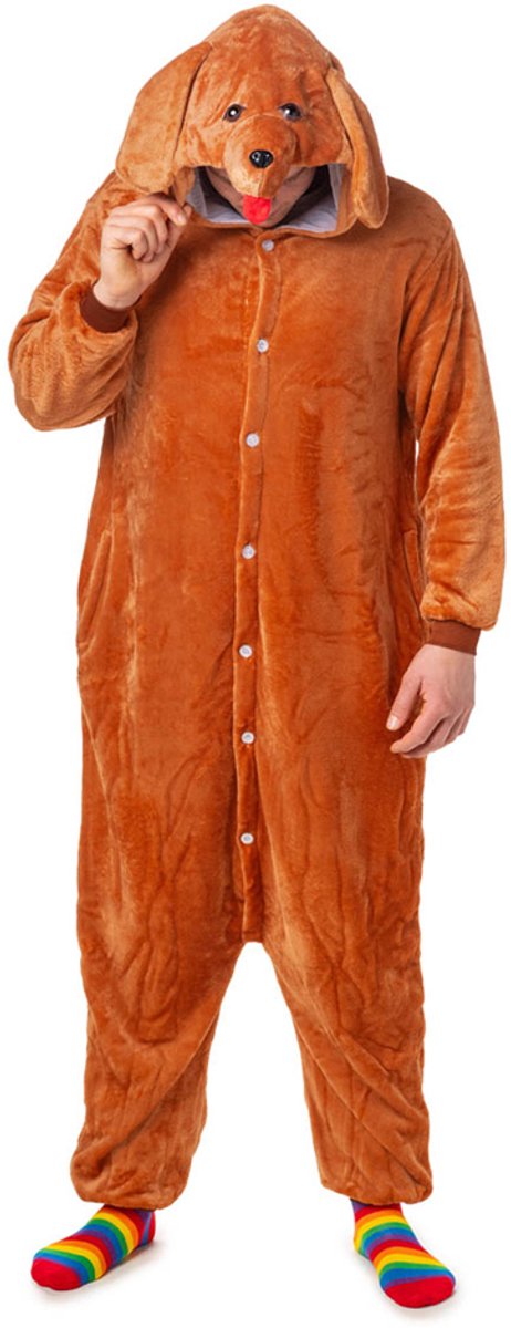 Party Xplosion – Verkleedkleding – Onesie Hond "Bef Tekkel" – Bruin – M/L