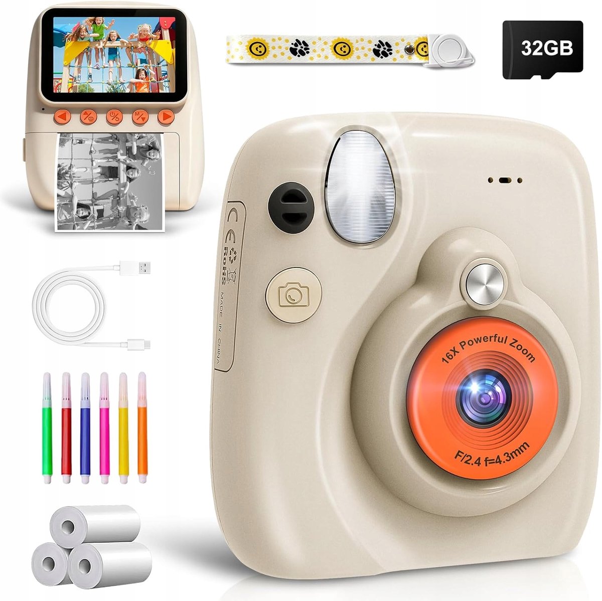 Fotocamera voor Kinderen - Digitale Kindercamera Met Foto Printer - Speelgoedcamera - 48MP Digitale Camera met 2.5K Video & Printer - Beige - 32GB - 1300mAh - Met 3 Rollen Papier