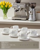 Bavary Chubby Koffiekopjes met Schotel 12-delig - 6x120 ml Espresso/Demitasse - Wit Porselein – Rond Design - Vaatwasserbestendig