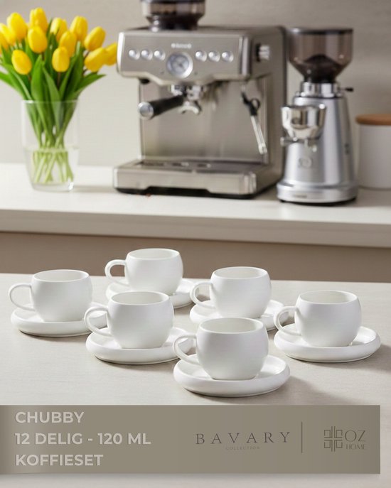 Tasses à Café Bavary Chubby avec Soucoupe 12 pièces - 6x120 ml Espresso/Demitasse - Porcelaine Blanche – Design Rond - Résistant au Lave-vaisselle