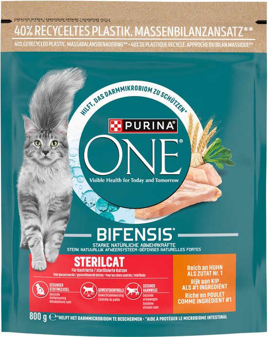 Purina One Sterilcat kip met een kat, kip, tarwe-oren en tekst.
