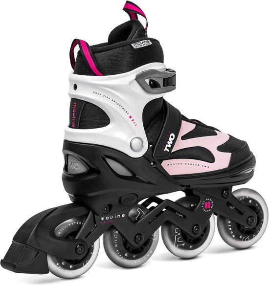 Zwarte skeeler met roze en witte details, zachte boot, makkelijk verstelbaar, met zwarte remblok.