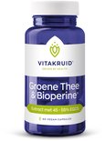 Blauwe pot met wit etiket van Vitakruid. Bevat 'Groene Thee & Bioperine' en '60 VEGAN CAPSULES'.