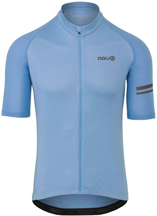 Avant d'un maillot de cyclisme AGU bleu clair à manches courtes, avec fermeture éclair, rayures réfléchissantes sur la manche et logo AGU sur la poitrine.