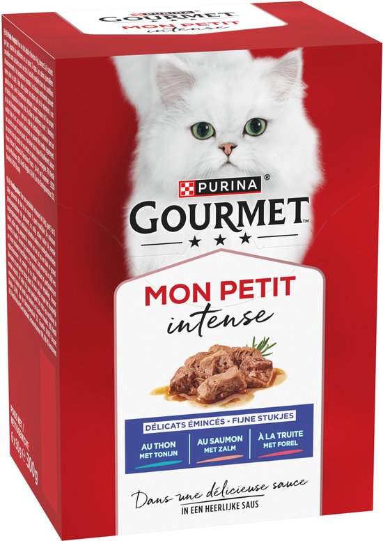 Verpakking Purina Gourmet Mon Petit Intense kattenvoer met witte kat, 6 x 50g met tonijn, zalm of forel in saus.