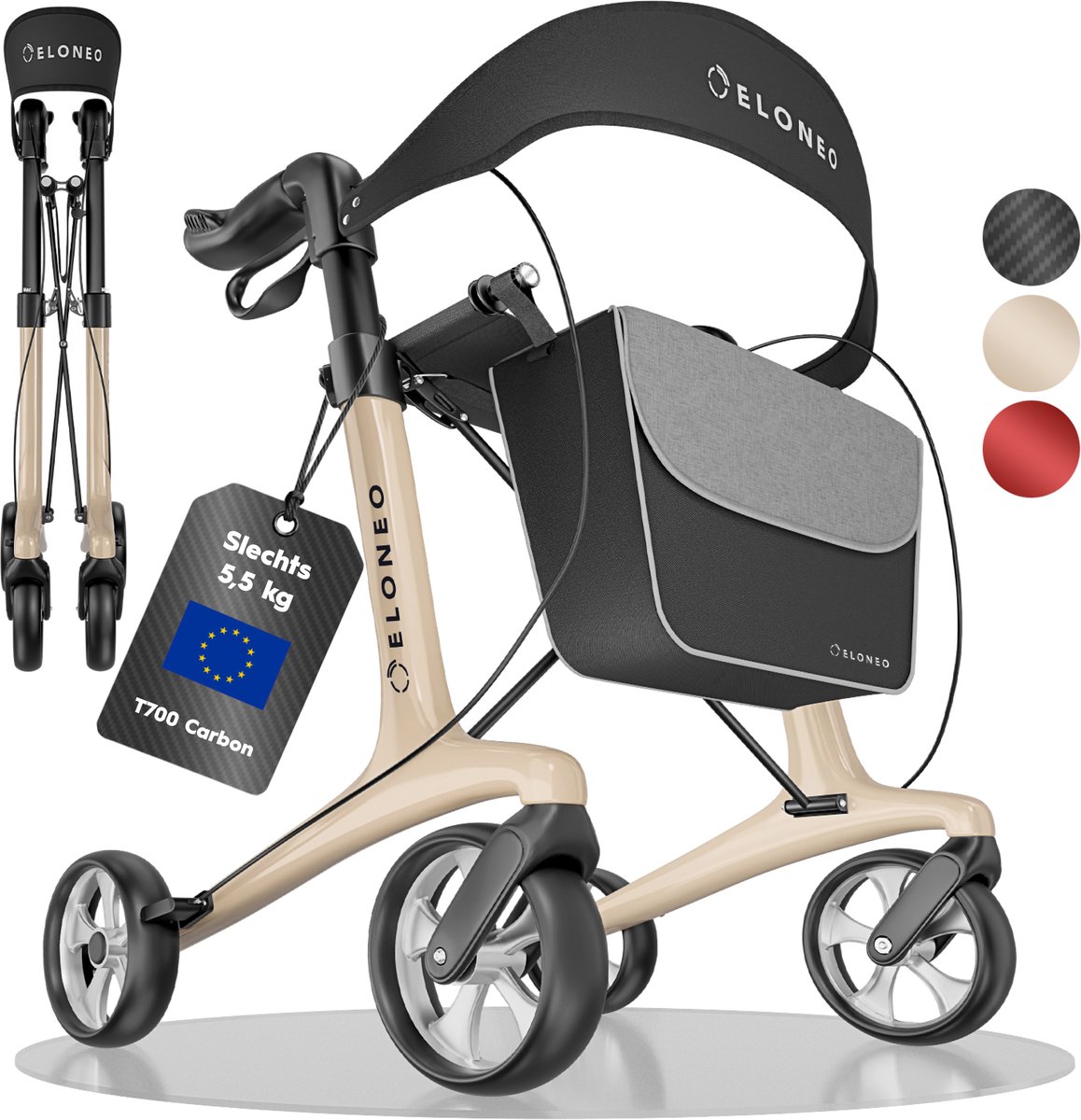 ELONEO Carbon Rollator – inklapbaar en licht met zitje, ultralicht 5,5 kg, wandelhulp voor senioren, 9-voudig in hoogte verstelbaar, met tas, crème - maat L